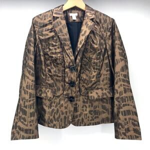 Chicos Blazer Womens Small Shimmer Brown Leopard Print Ruffle 3 Button Closure